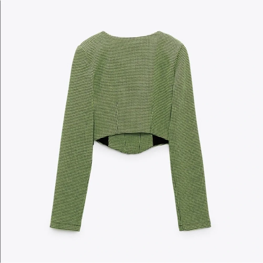 Zara Houndstooth Corset Cropped Top Bloggers Favorite Neon Green Black Small